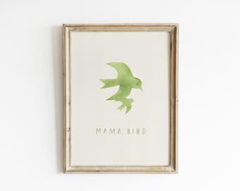 Mama Bird Watercolor Wall Art Leaf Green Swallow Print Nature Inspired Nursery Decor Mother Baby Bird Decor Motherhood Keepsake MB7