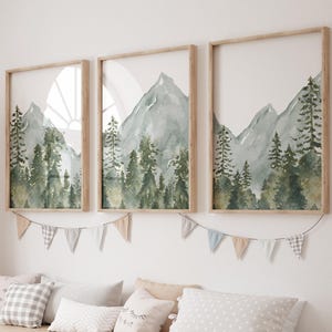 Art mural pépinière bois version imprimée, art mural montagne, décoration de chambre d'enfant pépinière de forêt - impressions de chambre d'enfant aquarelle bois - WL2 image 4