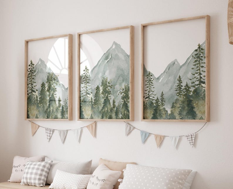 Art mural pépinière bois version imprimée, art mural montagne, décoration de chambre d'enfant pépinière de forêt - impressions de chambre d'enfant aquarelle bois - WL2 image 4