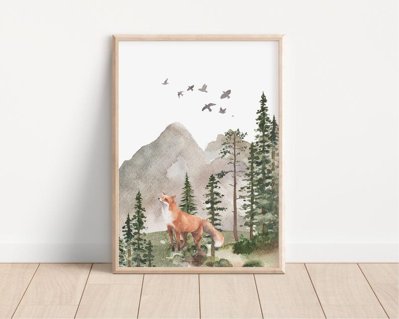 Woodland Nursery wall art PRINTED VERSION, Mountain wall art, tree nursery decor Forest nursery- Nursery Prints Watercolor Woodland- W05 image 7