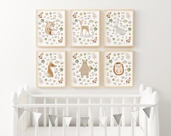 Decoración de pared infantil con animales del bosque en acuarela, estilo bohemio floral, para sala de juegos, habitación infantil neutra, habitación infantil con osito adorable, decoración de habitación infantil con flores silvestres XWDA2-A6