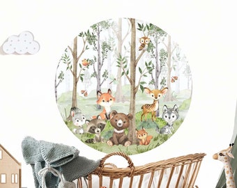 Autocollant mural rond en tissu avec animaux de la forêt, fond de forêt, peau et bâton pour bébé, W03C