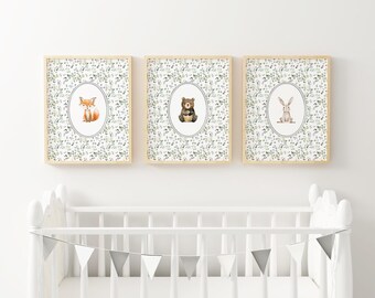 Woodland Animal Nursery Wall Art Set of 3 Forest Animal Print Rustic Woodland Creatures Nursery Botanical Gender Neutral Artwork WOD4-A3