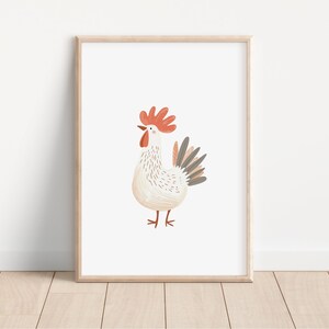 May include: A white rooster with a red comb and wattle, gray and brown feathers, and a white background.