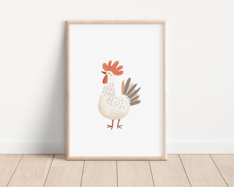 May include: A white rooster with a red comb and wattle, gray and brown feathers, and a white background.