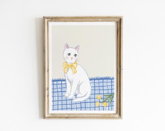 Blue Gingham Cat Nursery Art White Kitten Print Yellow Bow Girls Room Decor Cottagecore Baby Room Poster Cat Gift Spring Tulip Art PCD6-A1