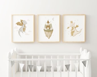 Dragon Castle Nursery Wall Art Earth Tone Baby Boy Room Neutral Storybook Fantasy Bedroom Moon Stars Play Room Gallery Wall Decor XETD3-A3