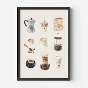 a framed picture of coffee related items