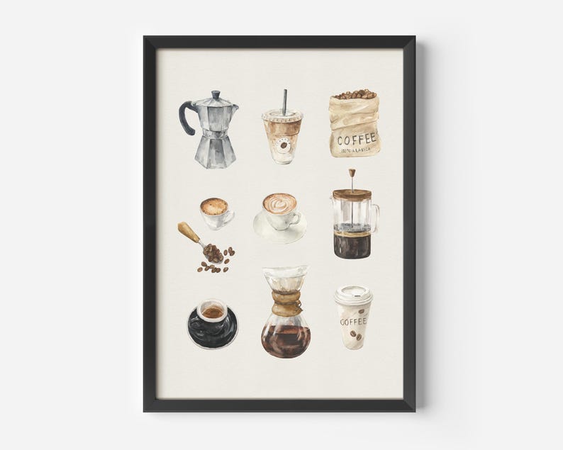 a framed picture of coffee related items