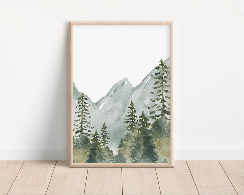 Art mural pépinière bois version imprimée, art mural montagne, décoration de chambre d'enfant pépinière de forêt - impressions de chambre d'enfant aquarelle bois - WL2 image 8