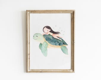 Sea Turtle Nursery Wall Art Girl Riding Turtle Print Whimsical Girl Nursery Decor Ocean Themed Baby Room Beach Nursery Decor WPF31-A1