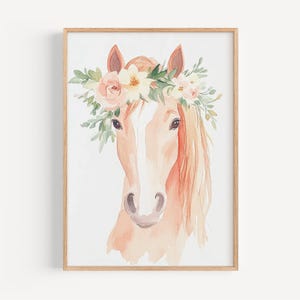 Watercolor Horse Nursery Decor Floral Wall Art Girls Room Decor Horse Print Botanical Nursery Muted Floral Art Printed and Shipped WPF12-A1
