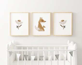 Boho fox woodland wall art print Set of 3 RINTED VERSION, boho woodland wall art, Forest nursery Nursery Prints Watercolor BW9-A3