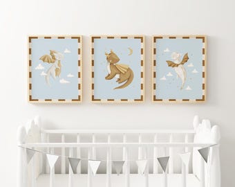 Dragon Nursery Wall Art Soft Blue Baby Room Decor Earth Tone Celestial Bedroom Cloud Playroom Gallery Wall Fantasy Storybook Decor XETD2-A3