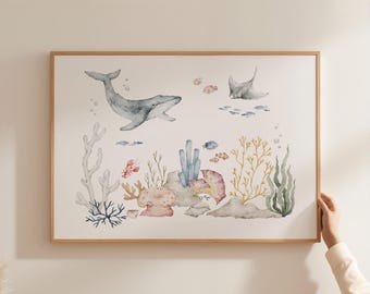 Ocean Animal Nursery Art Whale Watercolor Sea Life Print Under The Sea Baby Room Coastal Kids Bathroom Manta Ray Coral Reef Decor PEO5-A1