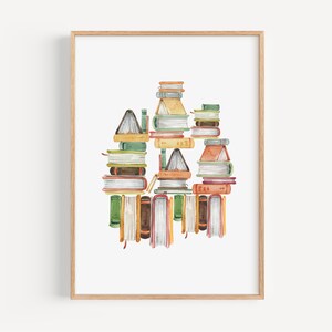 A framed watercolor painting depicting a stack of colorful books arranged in a visually appealing manner.