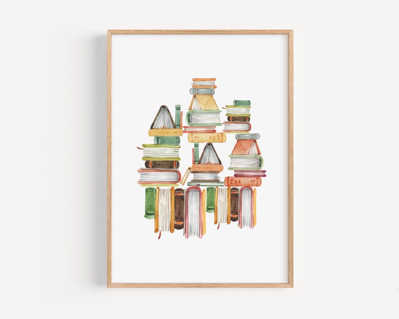 A framed watercolor painting depicting a stack of colorful books arranged in a visually appealing manner.