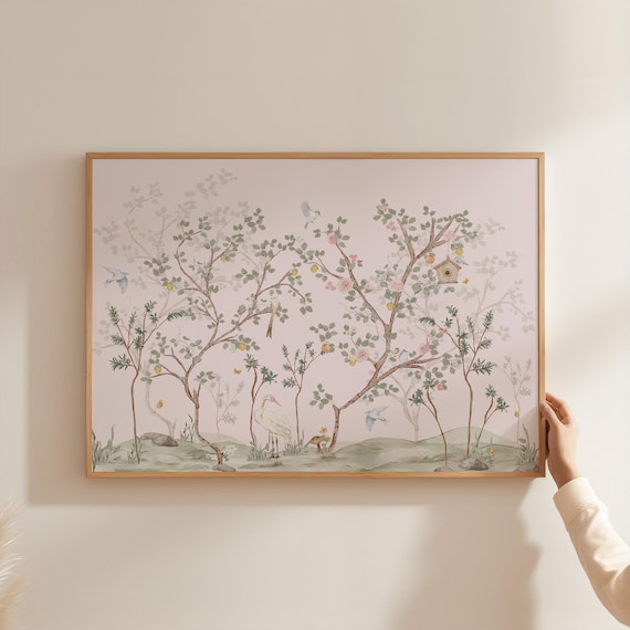 Woodland Girl Nursery Wall Art Soft Pink Storybook Artwork Chinoiserie Baby Room Decor Vintage Cottagecore Nursery Illustration CHO1-A1