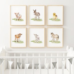 May include: Set of six watercolor prints featuring baby farm animals. The prints depict a pig, donkey, chick, calf, goat, and foal, each standing on a green grassy field.
