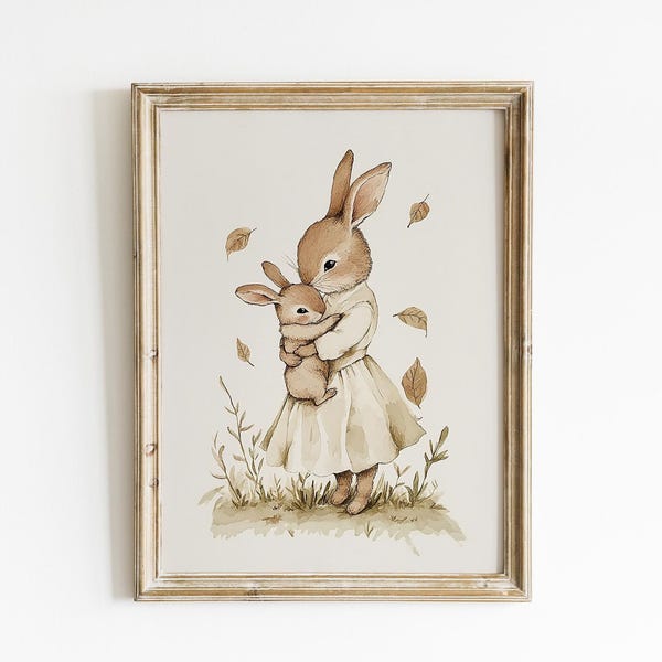 Bunny Mom and Baby Nursery art print Bunny Rabbit Nursery Watercolor bunny art vintage Printed and shipped on high archival paper NN19-A1