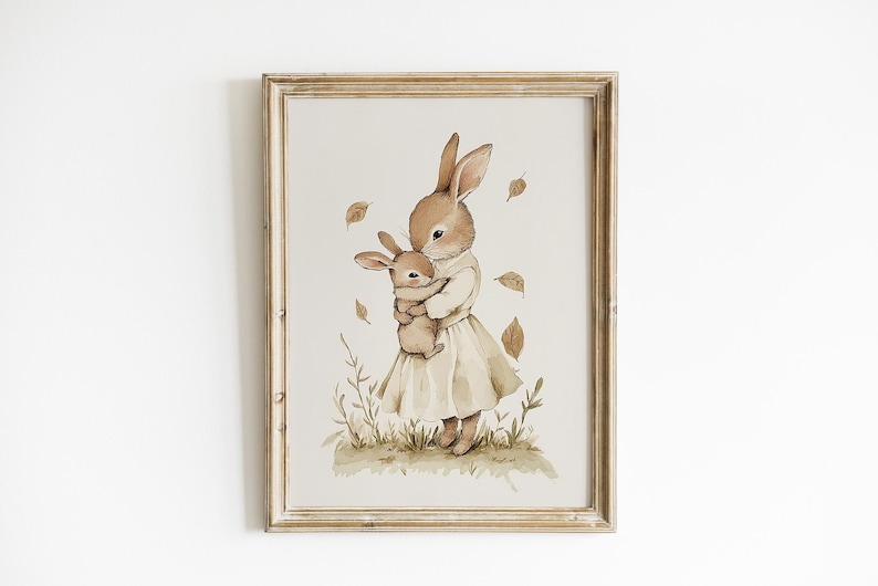a painting of a bunny holding a baby bunny