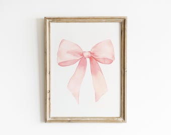 Pink Bow Wall Art Print Watercolor Ribbon Painting Girl Nursery Blush Coquette Room Decor Playroom Wall Art Soft Pink Decor WPF18-A1