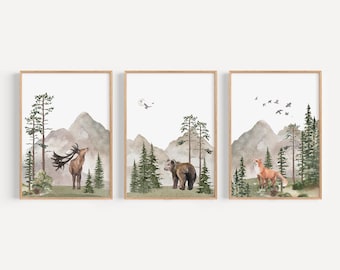 Woodland Nursery wall art PRINTED VERSION, Mountain wall art, tree nursery decor Forest nursery- Nursery Prints Watercolor Woodland- W05