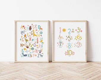 Alphabet and Numbers PRINTED art print safari alphabet and counting Printed and shipped Watercolor animals alphabet printed set of 2 LA1-A2