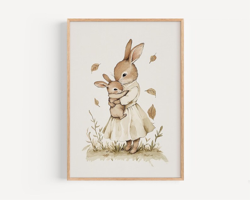 a watercolor painting of a bunny holding a baby bunny