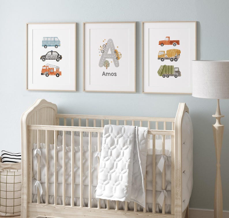 Personalized Transport Nursery Prints. Custom Name prints, boy room trucks and cars custom name prints Trucks decor Set of 3 CR1-A1 image 9