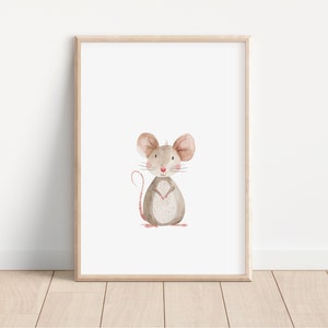 May include: A watercolor illustration of a cute brown mouse with pink ears and a pink nose. The mouse is standing on a white background.