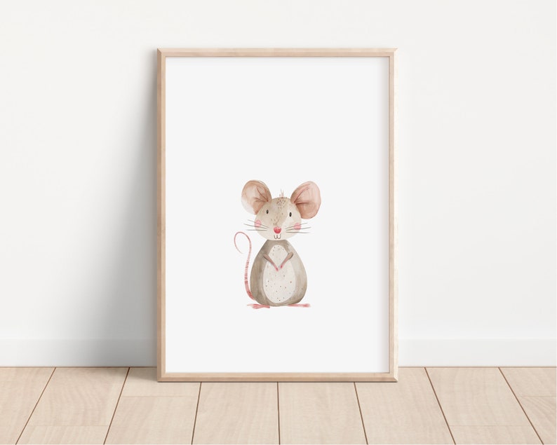 May include: A watercolor illustration of a cute brown mouse with pink ears and a pink nose. The mouse is standing on a white background.