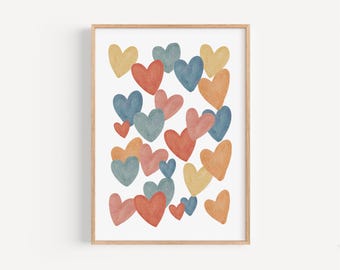 Boho Hearts Nursery Printed art hearts Print heart Art boho nursery vintage hearts retro Watercolor printed on high archival paper FR2-A1