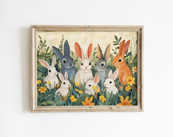 Bunny Family Nursery art earth tone nursery bunny rabbit art print playroom wall art floral woodland nursery Printed and Shipped LEN6-A1