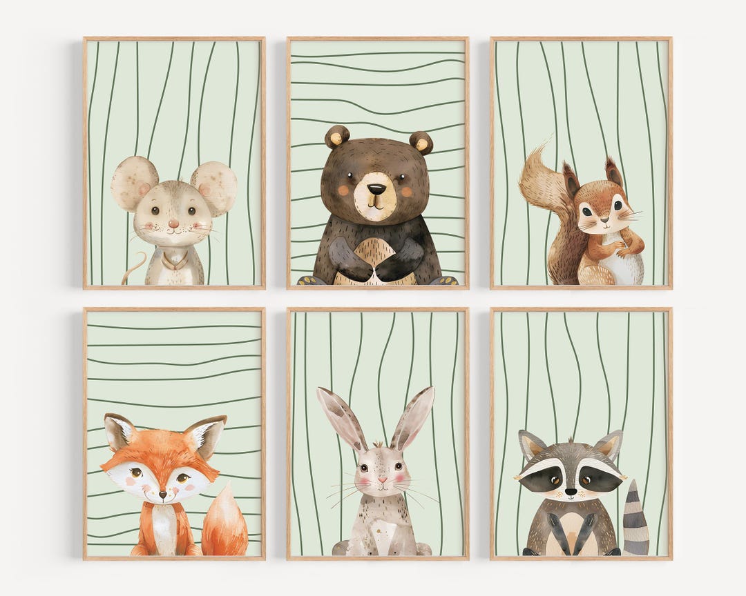 Woodland Animal Nursery Wall Art Green Baby Room Decor Forest Animal ...