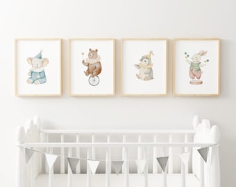 Watercolor Circus Animal Nursery Wall Art Vintage Carnival Artwork Elephant Nursery Bear Wall Art Rabbit Grandmillennial Playroom VAE11-A4