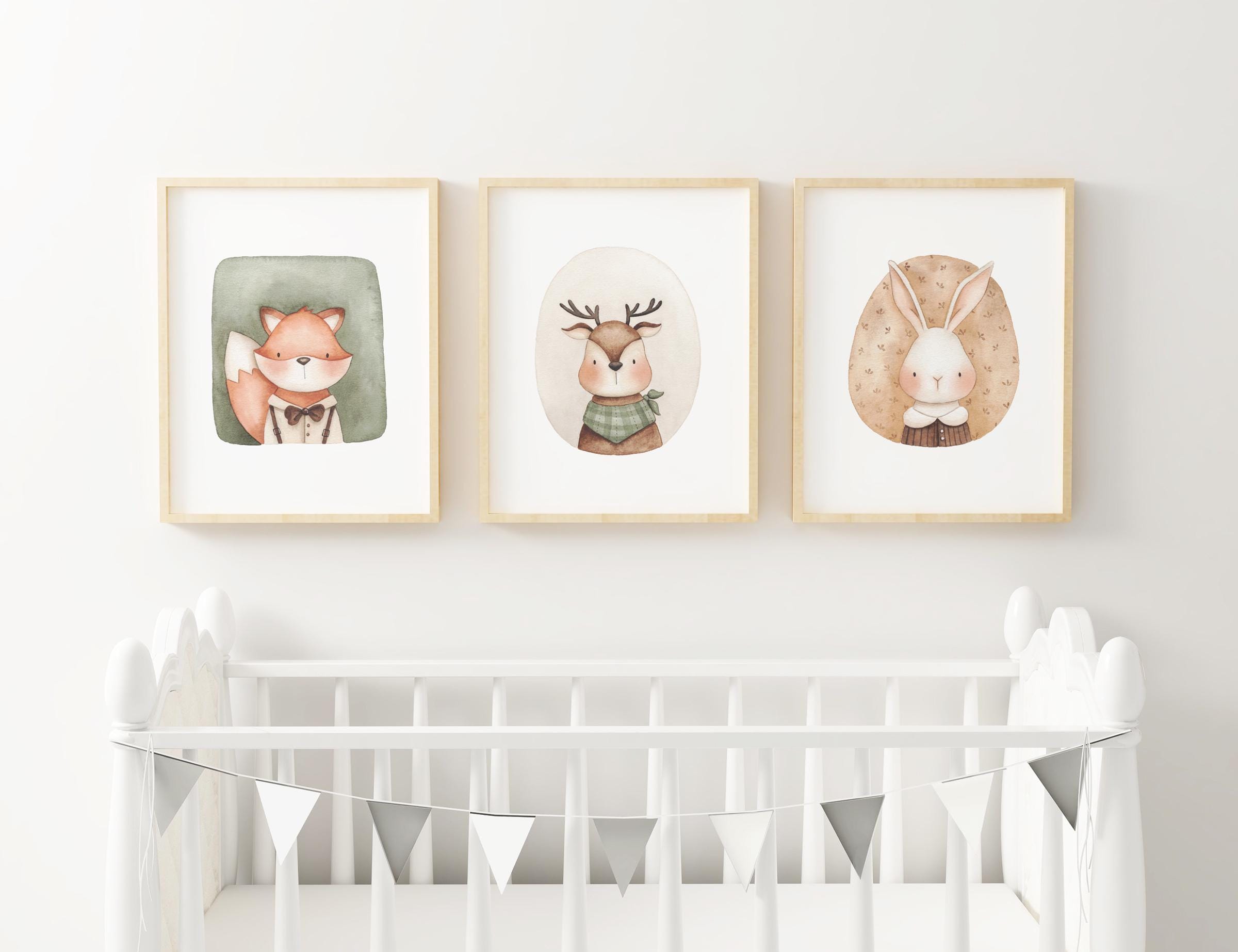 Woodland Animal Nursery Wall Art Set of 3 Fox Deer Bunny Prints Neutral ...