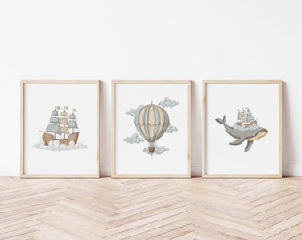 Ocean Dream Printed Whale art print, construction boy  Watercolor boy Printed and shipped  printed on high archival paper Set of 3 WD6-A6