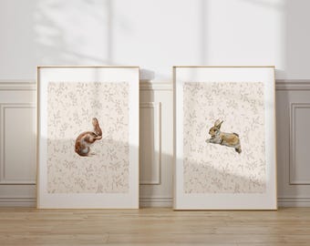 Vintage Floral Bunny Nursery Art bunny rabbit art print girl nursery floral art woodland girl nursery Printed and Shipped Set of 2 VFB1-A2