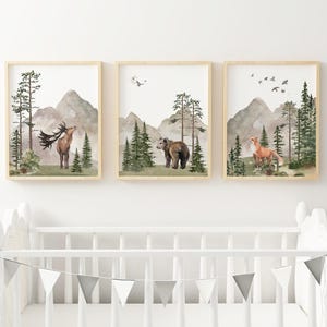 Woodland Nursery wall art PRINTED VERSION, Mountain wall art, tree nursery decor Forest nursery- Nursery Prints Watercolor Woodland- W05 image 3