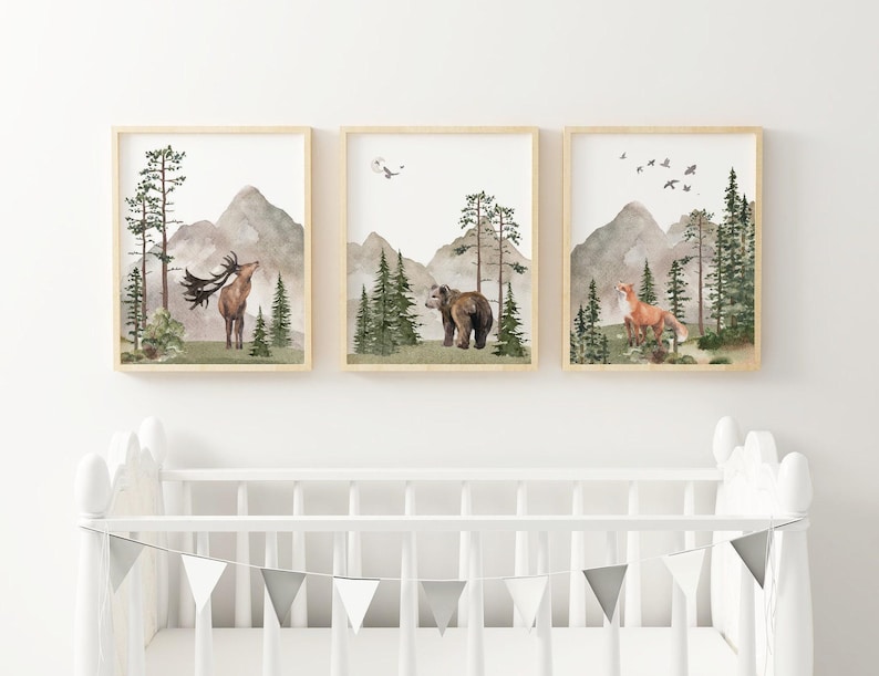 Woodland Nursery wall art PRINTED VERSION, Mountain wall art, tree nursery decor Forest nursery- Nursery Prints Watercolor Woodland- W05 image 3