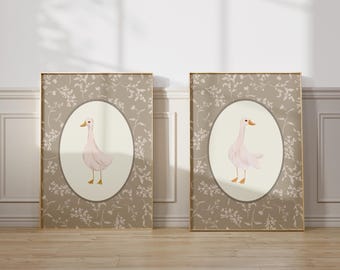 Vintage Floral Goose Nursery Art botanical art print beige nursery goose art print earth tone nursery Printed and Shipped Set of 2 VFB2-A2