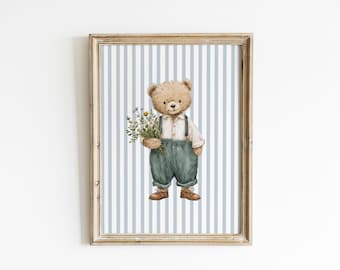 Cuadro decorativo floral con osito de peluche para habitación infantil, estampado de oso a rayas azules, decoración de pared estilo cuento de hadas para habitación de bebé, habitación infantil con flores silvestres XTDY8-A1