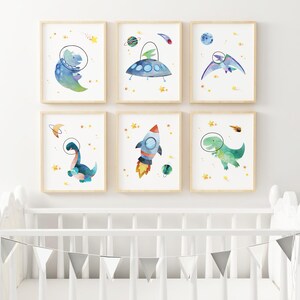Space Dinosaur Nursery Art Prints PRINTED Set of 6 watercolor dinosaur nursery space art prints boy nursery outer space art Prints SD1-A6