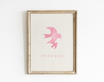 Mama Bird Nursery Wall Art Blush Pink Watercolor Mother Baby Bird Print Girl Room Decor Swallow Illustration Motherhood Artwork MB5