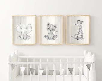 Earth Tone Safari Nursery Wall Art Jungle Animal Prints Elephant Lion Giraffe Boys Room Decor Jungle Theme Nursery Neutral Playroom PES6-A3