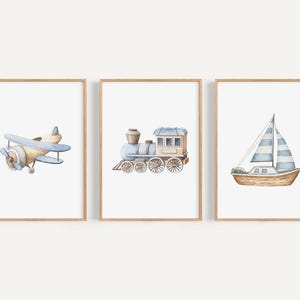 Plane Train Boat Blue art print set Boy plane and train Printed Watercolor print set high archival paper Set of 3 BWT6-A3