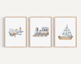 Plane Train Boat Blue art print set Boy plane and train Printed Watercolor print set high archival paper Set of 3 BWT6-A3