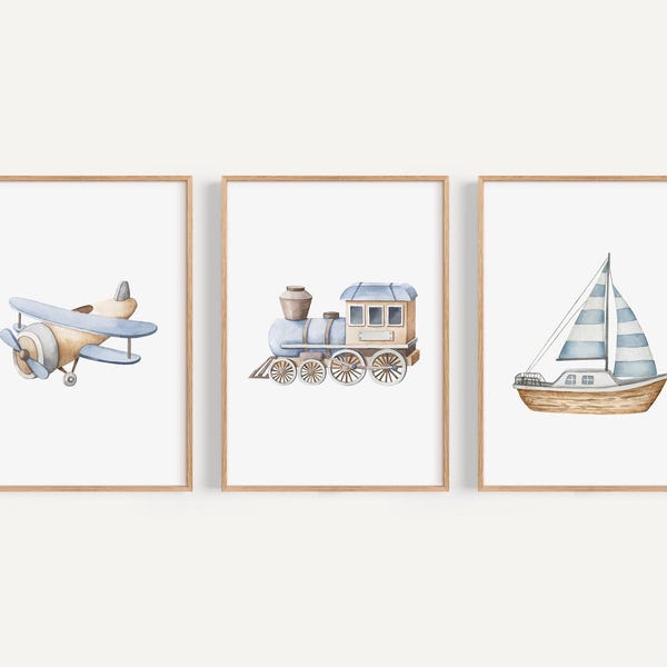 Plane Train Boat Blue art print set Boy plane and train Printed Watercolor print set high archival paper Set of 3 BWT6-A3