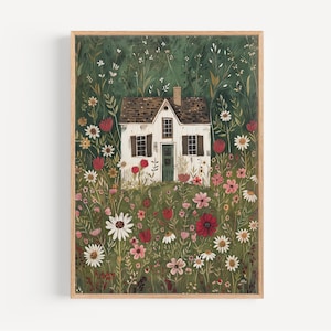 a painting of a house in a field of flowers